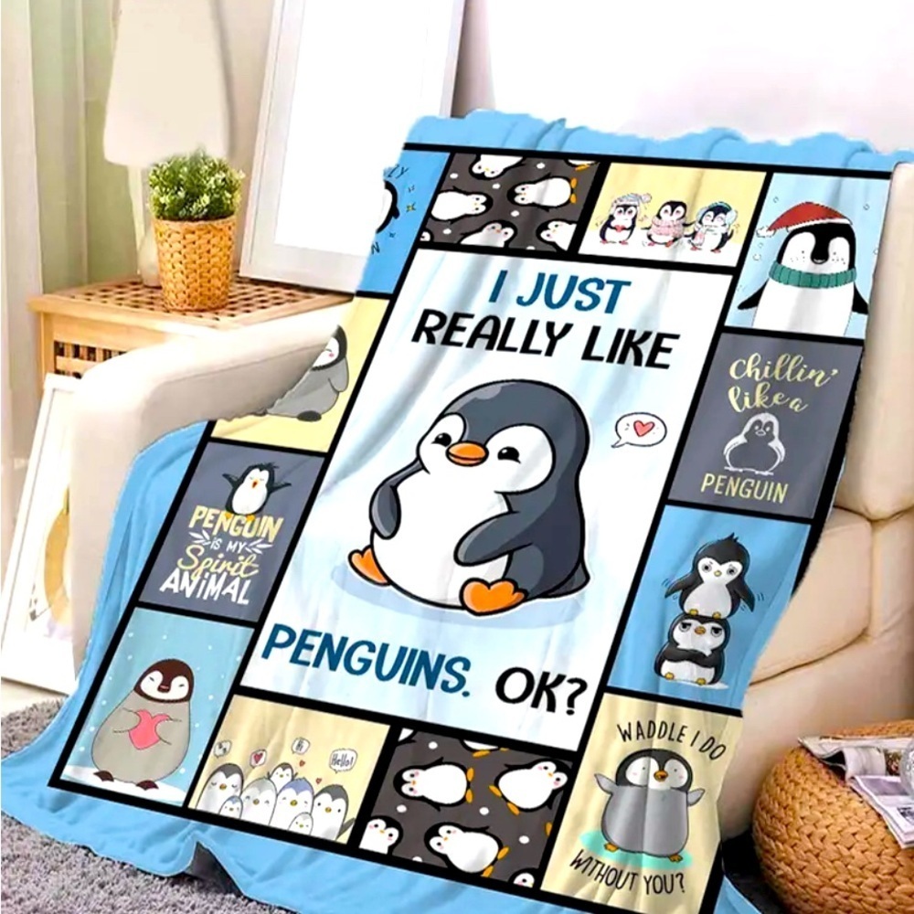 PENGUIN LARGE THROW BLANKET NWT “I JUST REALLY LIKE PENGUINS OK?” 🩵💜🐧💜🩵